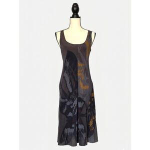 Biya Johnny Was 100% Silk Women's Butterfly Midi Dress Small Grey Ochre Luxe